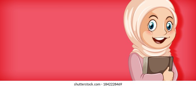 Muslim girl student holding book cartoon character isolated illustration
