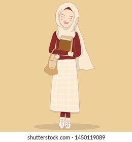 A Muslim Girl Student Holding The Books , Muslim Student With Cream Background 