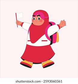 Muslim Girl Student Holding Flag Cartoon Character Illustration