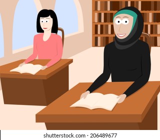 Muslim girl studying in a library