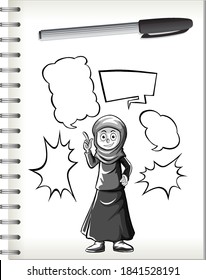 Muslim girl thinking with shape doodle on notebook on white background illustration