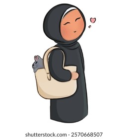 Muslim girl with tote bag and cat in it, Islamic girl in scarf and abaya, Islamic illustration vector