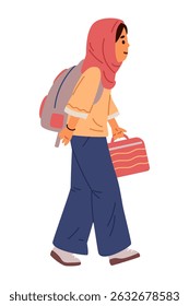 Muslim girl in uniform with backpack going to school flat vector illustration isolated on white.