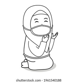 Muslim girl use blue dress and blue hijab traditional muslim. praying in ramadan month, using mask and healthy protocol.Vector character illustration.