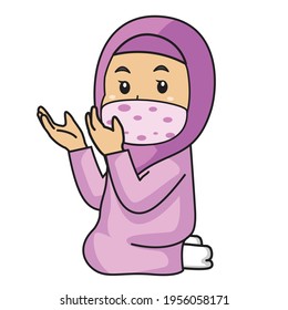 Muslim girl use pink shirt and hijab,praying in iftar.  ramadan  night, using mask and healthy protocol.Vector character illustration.
