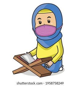 Muslim girl use yellow dress and blue hijab traditional muslim. reading al-quran holly book in ramadan month, using mask and healthy protocol.Vector character illustration.