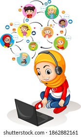 A muslim girl using laptop for communicate video conference with friends on white background illustration