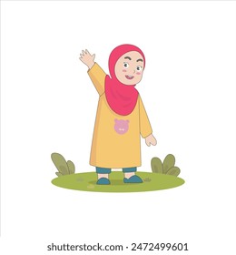  A Muslim girl is waving hello with a happy expression