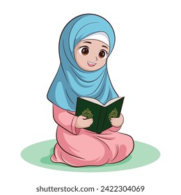 Muslim girl wearing Hijab Muslim clothing, reciting, reading Koran in the month of Ramadan