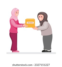 Muslim Girl Wearing A Hijab Gives Donation Box parcel to A Poor Old Woman Cartoon Illustration Vector