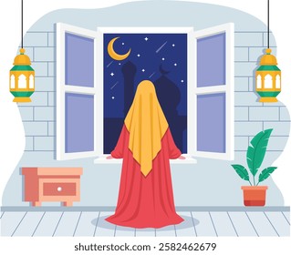 Muslim Girl wearing Hijab observing the Crescent Moon through Window concept, Suhoor View vector icon design ramadan and Eid al-Fitr Banner, Muslim fasting month scene, Arabic holidays ilustration