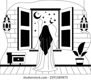 Muslim Girl wearing Hijab observing the Crescent Moon through Window concept, Suhoor View vector icon design Ramazan and Eid al-Fitr sign, Muslim fasting month story, Arabic holidays ilustration