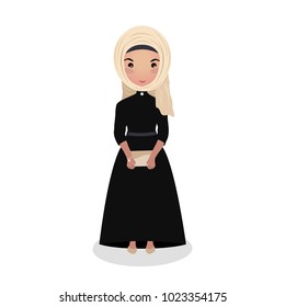 Muslim girl wearing a long black dress. Evening outfit. Young woman going on a date. Elegant gown. Beautiful muslim woman in traditional clothes isolated on white background.
