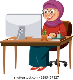 Niña musulmana trabajando en la ilustración del vector de mesa