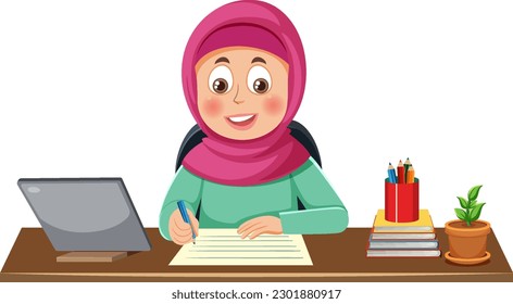 Muslim Girl Working at the Table Vector illustration