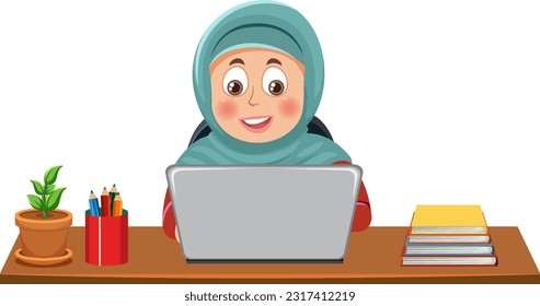 Muslim Girl Working at the Table Vector illustration