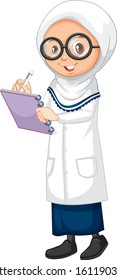 Muslim girl writing notes on white background illustration