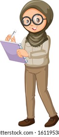 Muslim girl writing notes on white background illustration