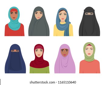 Muslim girls avatars. Islamic fashion for women iranian turkish and arabic headscarf hidjab in various types. Vector flat arabic female. Illustration of muslim dress, headgear and headdress