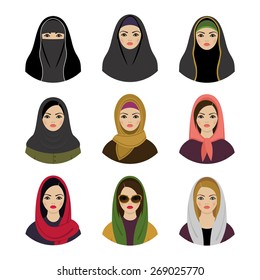 Meninas muçulmanas conjunto avatares. Asiático muçulmano tradicional hijab coleção