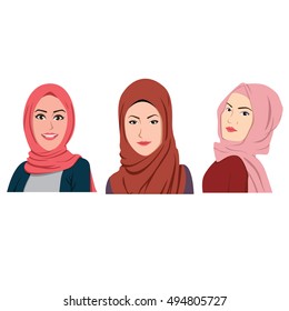 Muslim Girls Avatars Set. Asian Traditional Hijab Collection