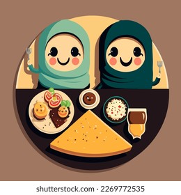 Muslim Girls Characters Enjoying With Delicious Foods On Brown Background.