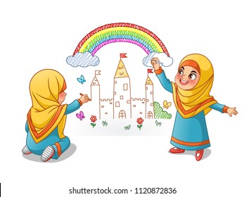 Muslim girls draw palace with rainbow on the wall, cartoon character design, vector illustration, isolated against white background.