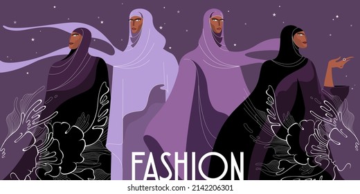 Muslim girls in hijabs. Islamic fashion. Vector illustration for landing page mockup or flat design advertising banner.