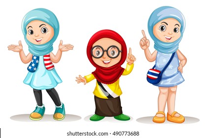 Muslim girls pointing with hands