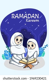 Muslim girls reading koran at ramadan kareem cartoon illustration
