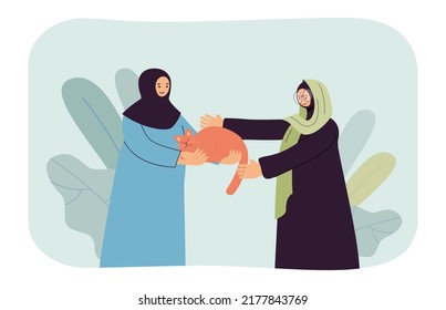 Muslim girls in veil playing with cat flat vector illustration. Happy friends taking care of sleeping pet. Love, friendship concept for banner, website design or landing web page
