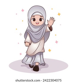 Muslim girls, walking enthusiastically, smiling and waving, wearing beautiful Muslim fashion hijabs, fasting in the month of Ramadan