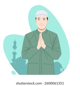 Muslim give salam, with a mosque in the background and a calm pastel green atmosphere
