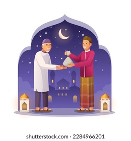 a muslim giving charity to old man, muslim vector illustration