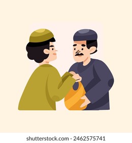 Muslim giving sodaqoh vector. Muslims give zakat or gifts to the poor