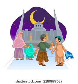 Muslim go to mosque to do taraweeh during Ramadan. Suitable to use as Social Media Content, Greeting Cards, Landing Page, UI, Poster and Mobile Apps. FREELY ADJUSTED POSE and CUSTOMIZED ANIMATION