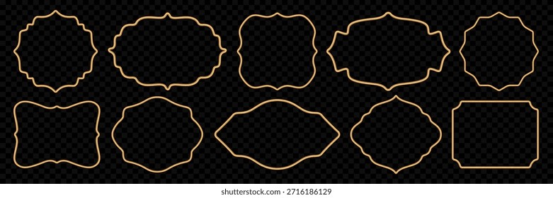 Muslim golden frames collection on black background. Vintage realistic rectangle beveled photo frame, ornamental vignette, oriental 3d border. Vector for certificate, award, stamp, label, badge