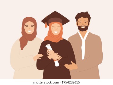 Muslim graduate girl in hijab with her parents. Family portrait, proud saudi man and woman embrace their daughter, graduated from college, university and holding certificate. Vector flat illustration