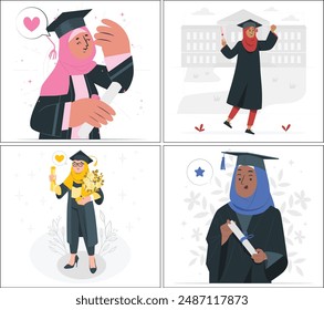 Muslim graduation girl illustration vector design in 4 deffrent style