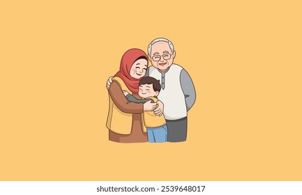 Muslim grandparents hugging grandson with love