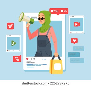 Muslim green hijab young girl holding megaphone shouting loud announcing social media Promotion advertising concept