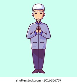 Muslim in greeting pose. Cartoon character