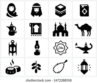 Muslim, Hajj and adha eid icon set, including muslim prayer, mosque, culture and traditions