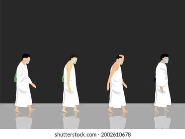 Muslim Hajj Pilgrims Wearing Irham follows Social Distancing protocol and wear Face Masks  due to Covid 19. Editable Clip Art. 
