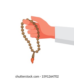 muslim hand holding prayer beads, dhikr, islam religion pray in cartoon flat illustration editable vector 