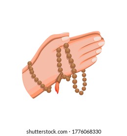 muslim hand holding wooden beads praying, islam religion symbol in cartoon illustration vector on white background