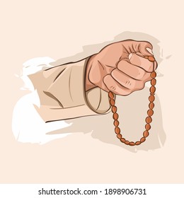 muslim hand holding wooden beads praying, islam religion symbol in cartoon illustration vector on white background