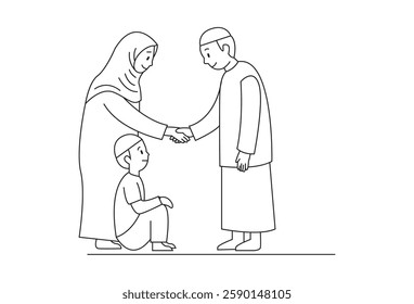 Muslim Handshake vectors, Their interaction reflects love, respect, and the importance of seeking and granting forgiveness. Through this moment, the illustration captures the beauty of maintaining