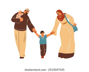Muslim happy family. An Arab mother in a hijab holds her son's hand, a father carries his newborn daughter in his arms. Walk outside. Cartoon style. Vector illustration isolated on white background.