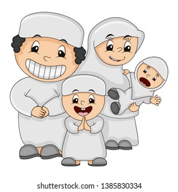 Muslim happy family - father, mother, son and daughter with white clothes cartoon vector illustration